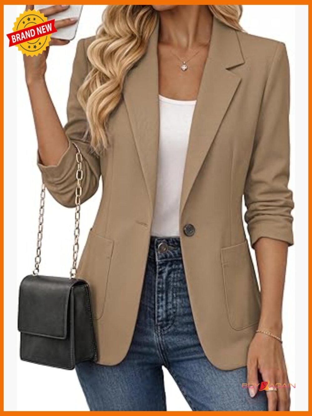 Lightweight Lined Blazer with 3/4 Ruched Sleeves - Casual Work Office Jacket